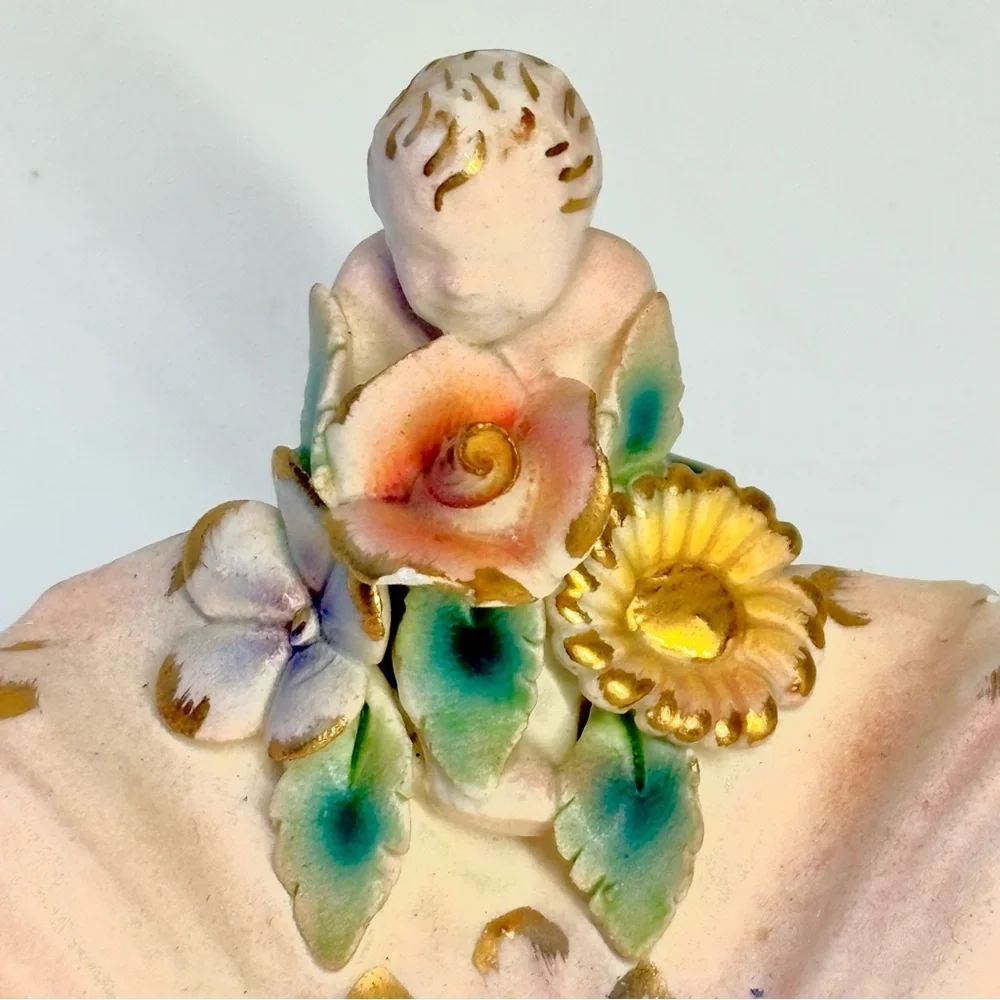 Art Nouveau Vintage Dainty 3-D Cherub with flowers Trinket Dish From Italy